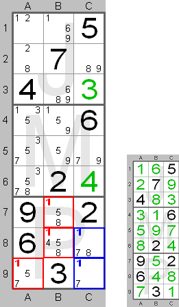 Locked candidate found by the Sudoku Instructions Program (column - box) with part of solution